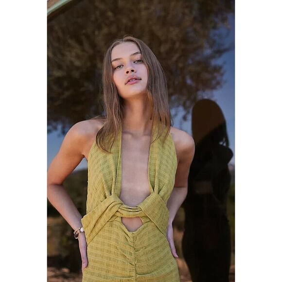 New Free People Nya Halter Maxi Dress FREE-EST $108 SMALL Green Cutout Detail - Picture 2 of 5